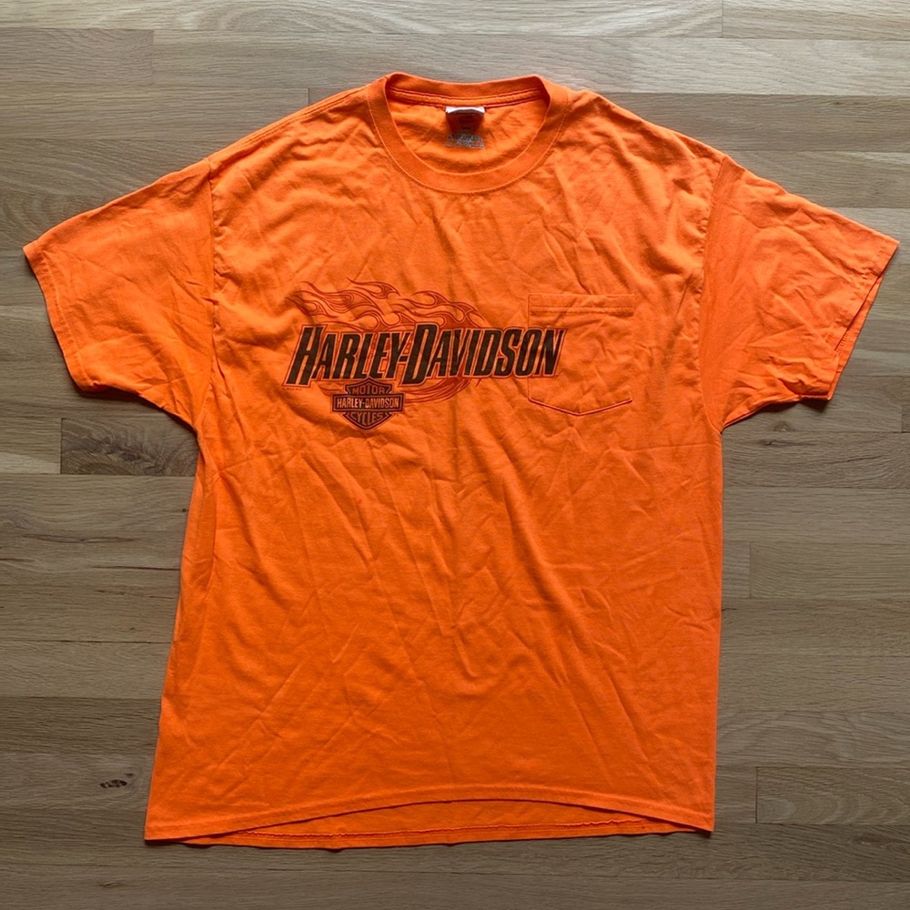 Size XL - Orange Harley Davidson pocket short sleeve tee
